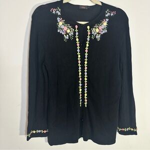 Lilly Black Embroidered Floral Button Front Cardigan Sweater M